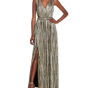 Eliza J Metallic Gold Maxi Shimmering Belted Gown Dress